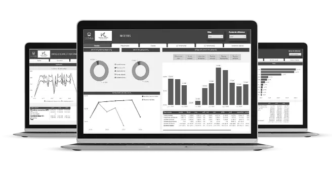 Ordinateur avec des vues graphiques d'un logiciel destiné au pilotage des services de transport